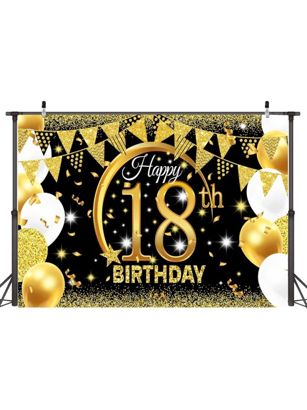 18th Birthday Backdrop 10x8 ft Black & Gold Party Decorations for Photo Shoots